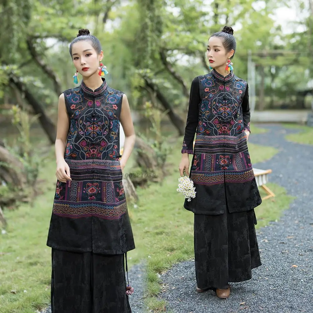 

2025 national flower embroidery folk vest vintage stand collar vest oriental waistcoat chinese traditional sleeveless jacket