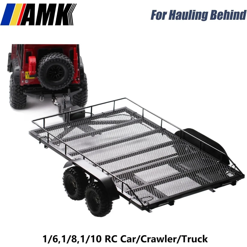 AMK Metal 1/10 RC Trailer with Truck Hitch & Receiver, Crawler Towing Strap Kit for Axial SCX10, TRX4/TRX6, Gen7, Gen8 RC Cars