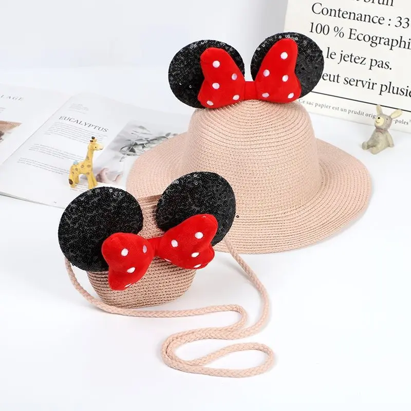 2 adet Disney Minnie Mouse Panama şapka bebek kız güzel kulak balıkçı şapka yay güneş kapaklar yaz kızlar çocuklar hasır kova plaj şapkaları