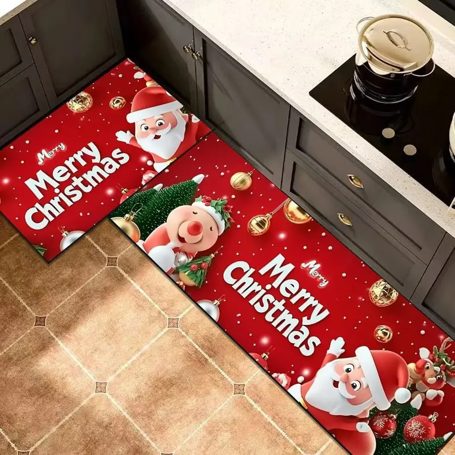 VIKAMA Kitchen Rug 1/2 Piece Red Santa Claus Decorative Water-Resistant And Stain-Resistant Dining Room Coat Rack Floor Mat