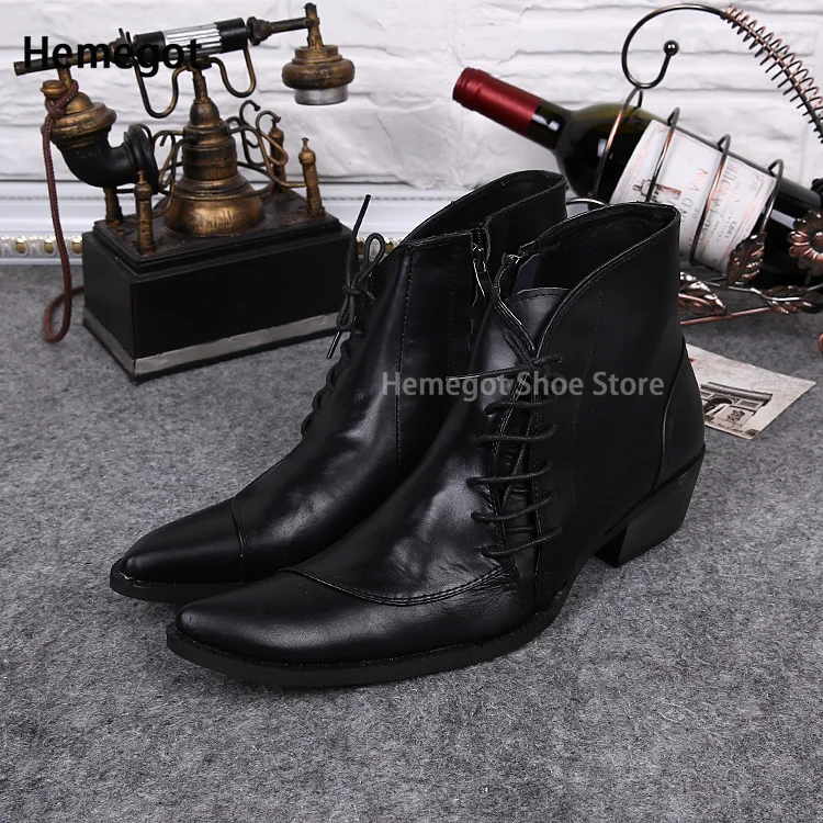 Black Lace-Up Pointed Toe High-Top Men\'s Leather Boots Spring and Autumn Fashion Men\'s Boots Stage Catwalk Men\'s Boots New Style