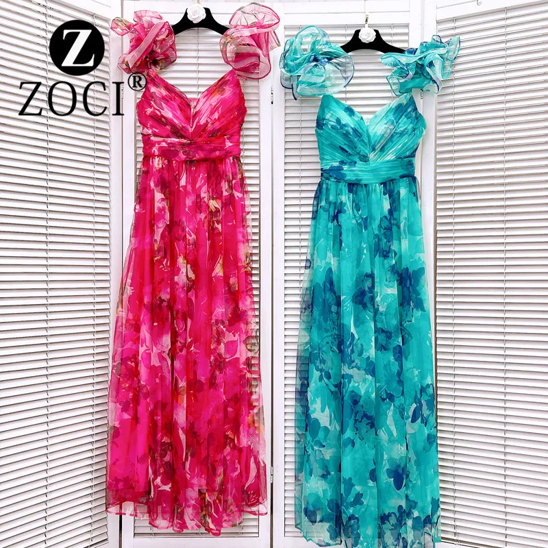 [zoci] Women Style Niche Socialite Wind Lotus Leaf Edge Suspender Sexy Printed High Waisted Chiffon Dress Long Skirt