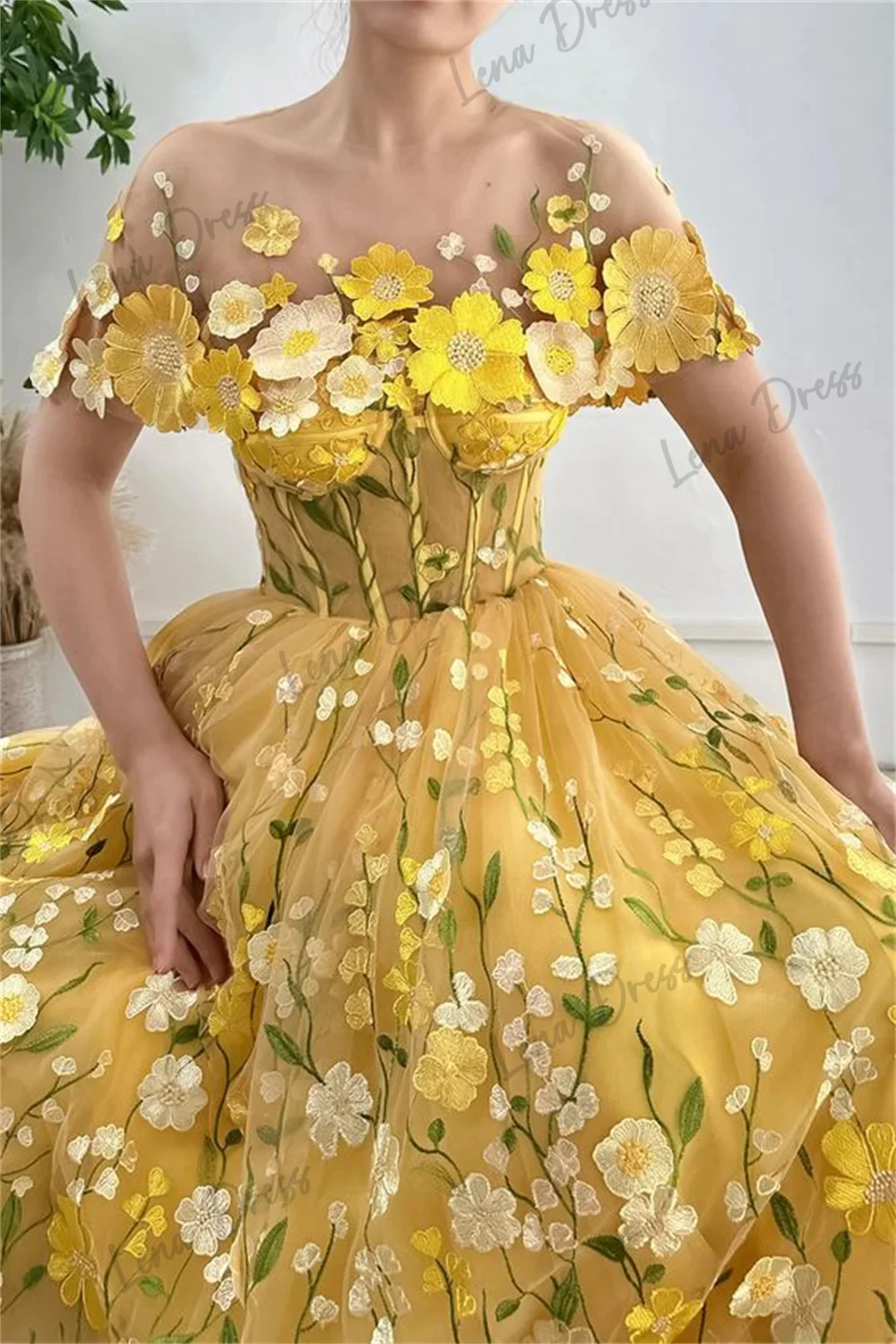 Lena-Yellow Flower Sticker Ball Dress A-line Evening Dress Elegant Detachable Shawl and Ankle Vestidos Verano Moda 2024