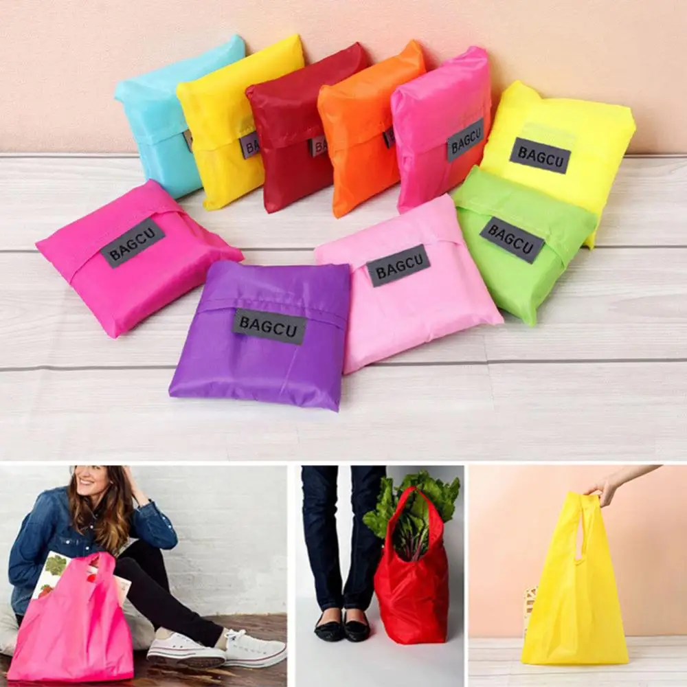 Polyester Folding Shopping Bag Tote Square Handle Handbag Foldable Organizer Eco Friendly Pure Color Groceries Washable Pouch