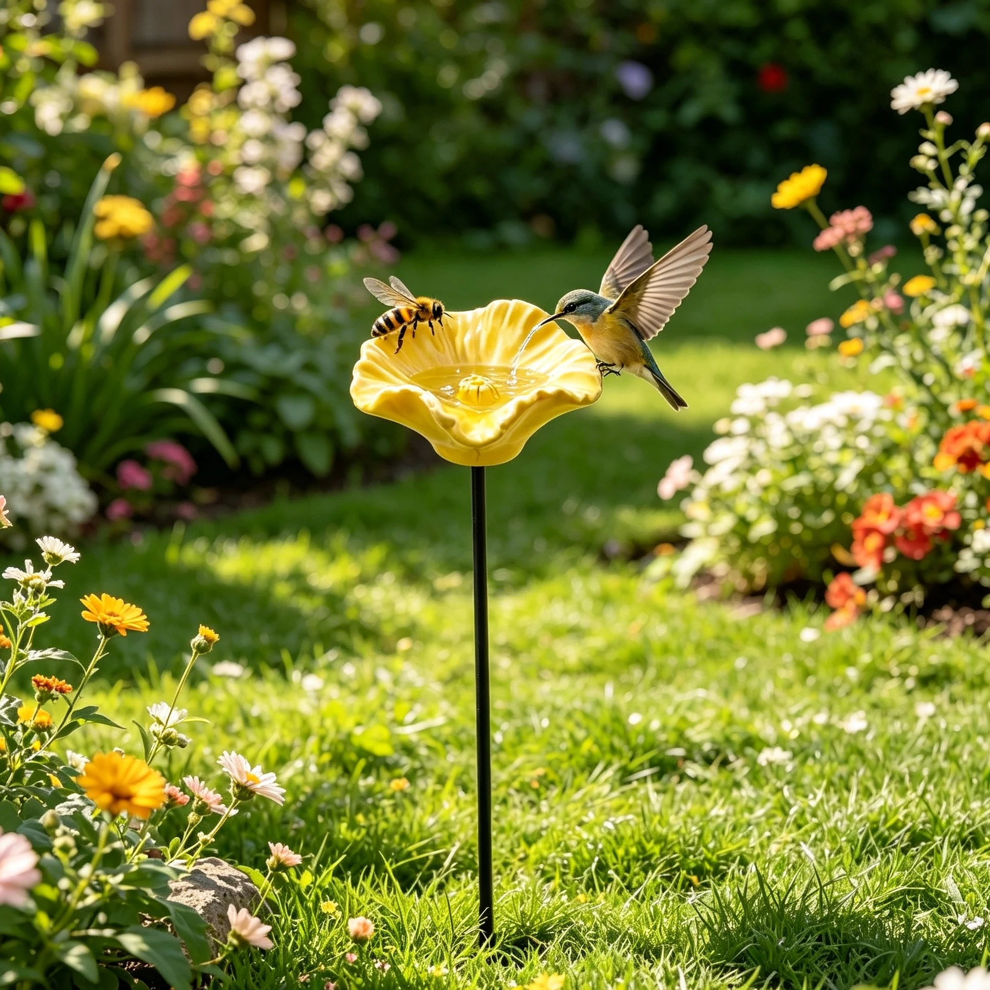 Flower Shape Bee Water Feeder with Metal Stake Resin Bird Bath Stand Outdoor Bee Drinking Station Garden Decor Butterfly Wild