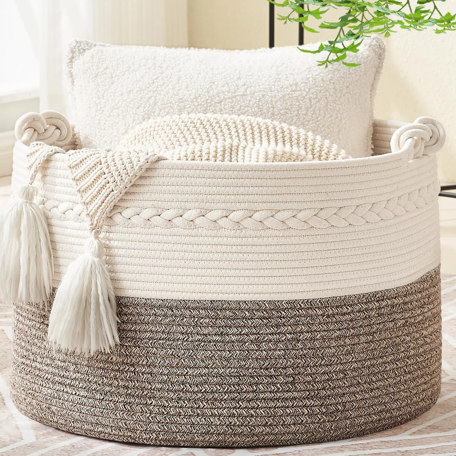 

Large Blanket Basket, Woven Baskets for storage Baby Laundry Hamper, Cotton Rope Toy Basket for Living Room, Laundry