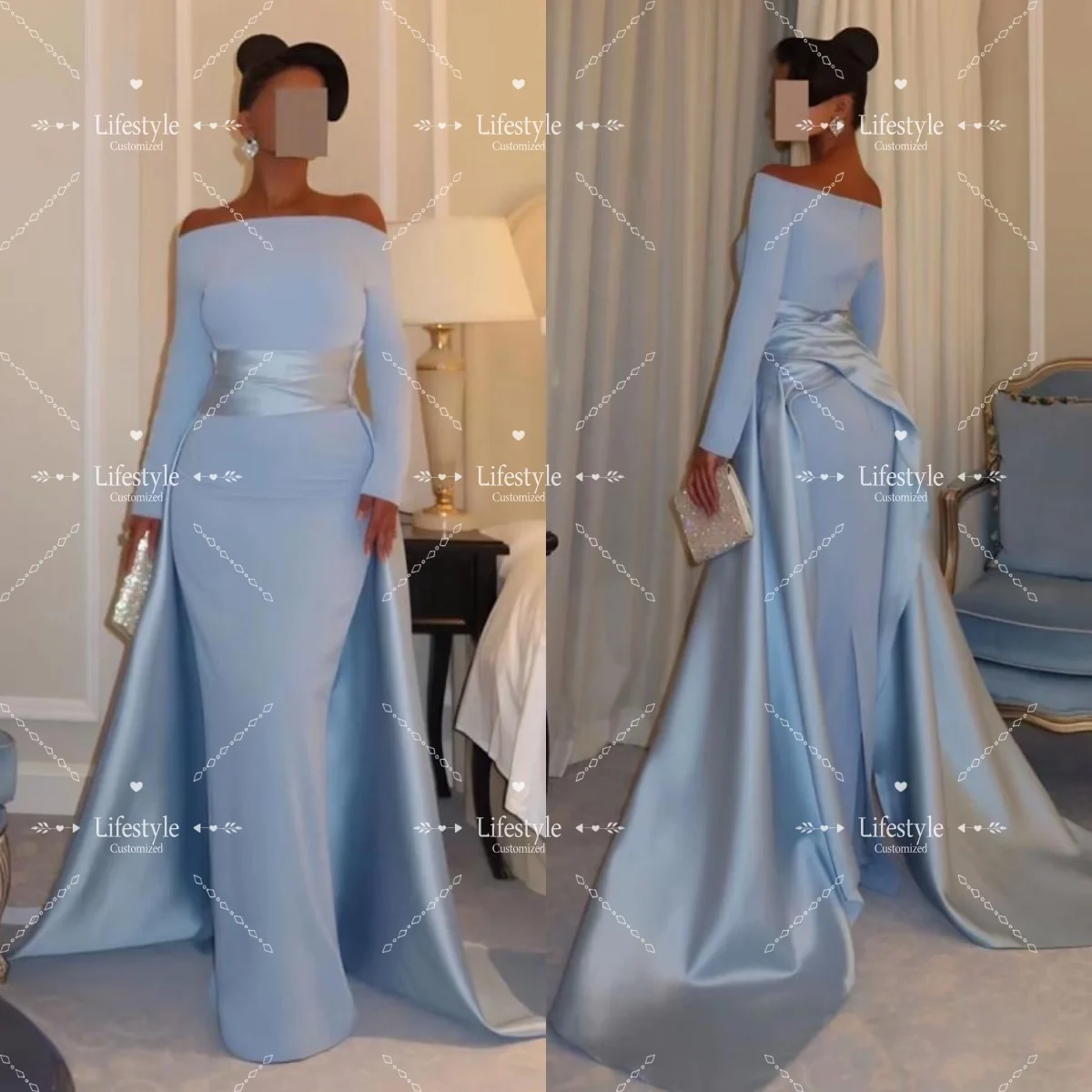 

Customized Off Shoulder Light Blue Evening Dresses Simple Long Sleeves Train Formal Prom Gown Elegant Party Dress