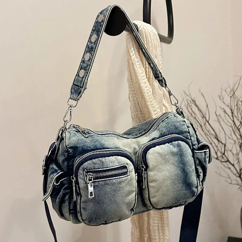 CGCBAG Vintage Denim Crossbody Shoulder Bag For Women Retro Distressed Tote Bags Lage Capacity Multiple Pockets Handbags