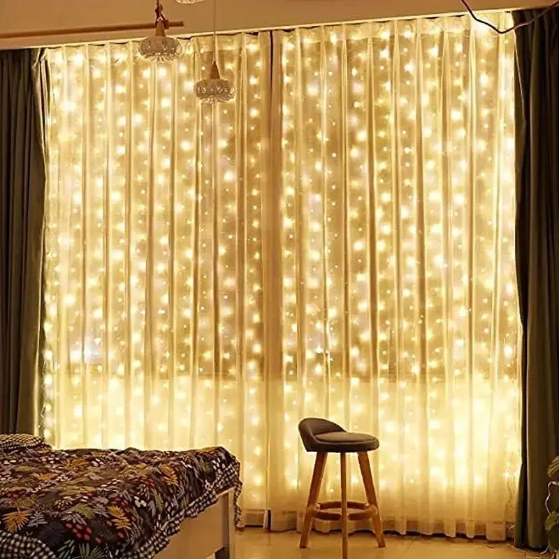 Guirnalda de luces de cortina USB para vacaciones, 8 modos, luz LED, fiesta de boda, jardín, luces de hadas, sala de estar, adornos navideños para el hogar