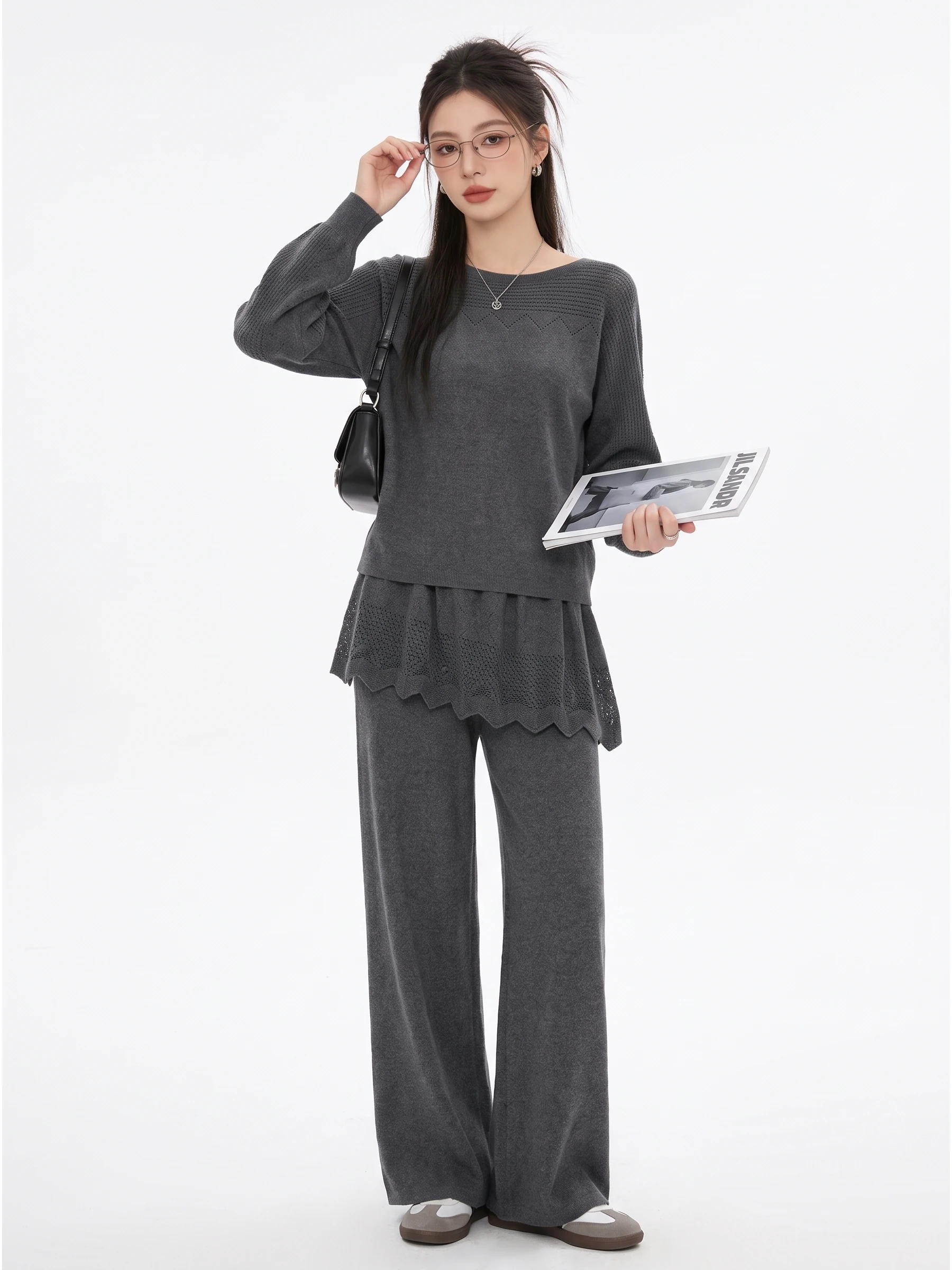 Elegant Simple Knitted Set Long Sleeve Top Wide Leg Pants Slimming Fashion Casual Style High Waist Breathable mid Weight
