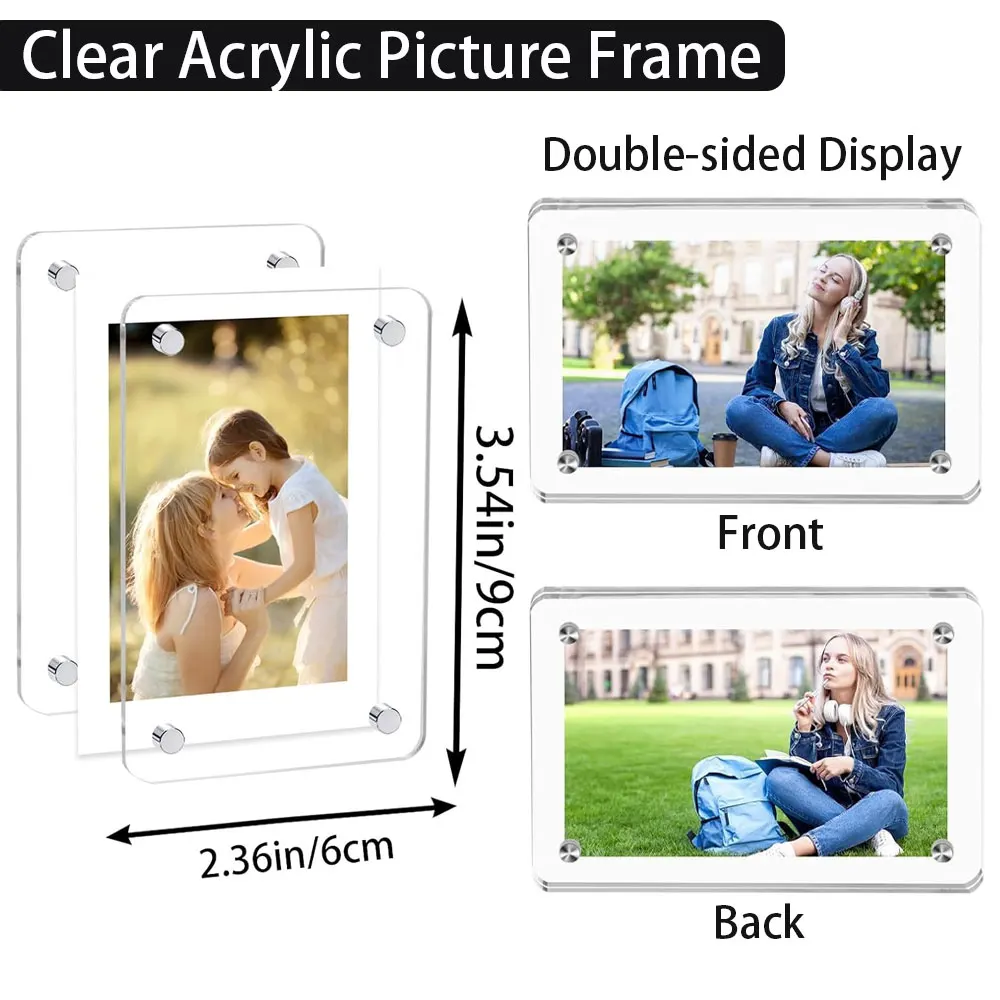 6pcs acrylic magnetic photo frames, 2.36×3.54 inches, thickened frameless transparent photo display stand.