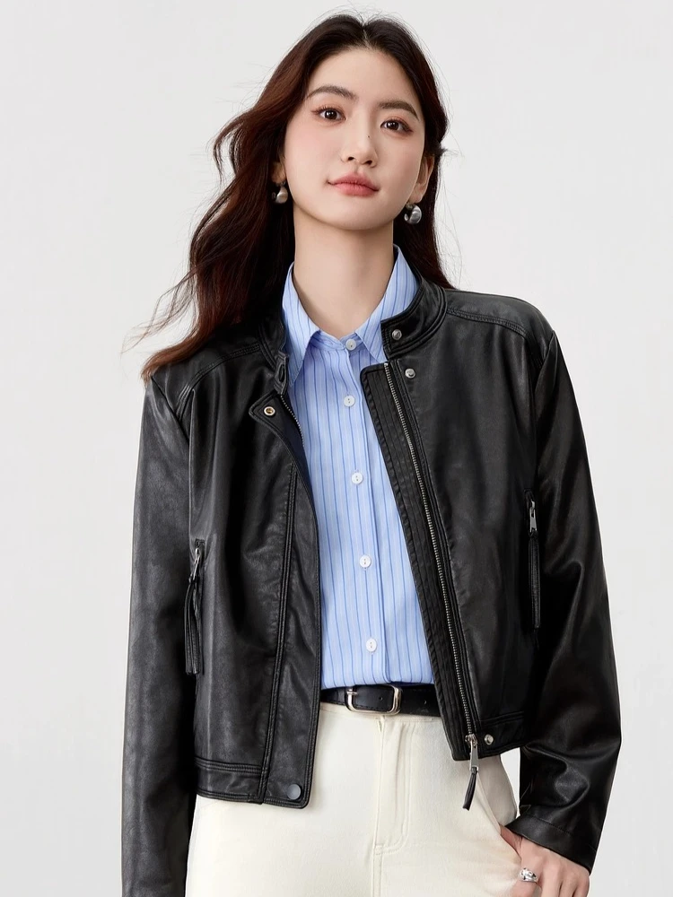 SENTUBILA المرأة فو سترات من الجلد 2025 الخريف جديد الصلبة سستة الوقوف طوق سترة عادية بسيطة معطف طويل الأكمام W53GA3325