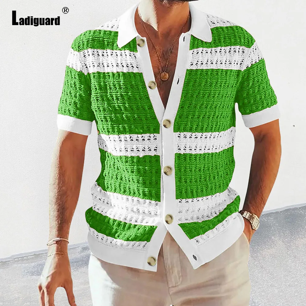 Ladguard-blusas de tricô de manga curta para homens, tamanho grande, cardigans listrados, tamanho grande, moda, para a praia, novo verão 2024