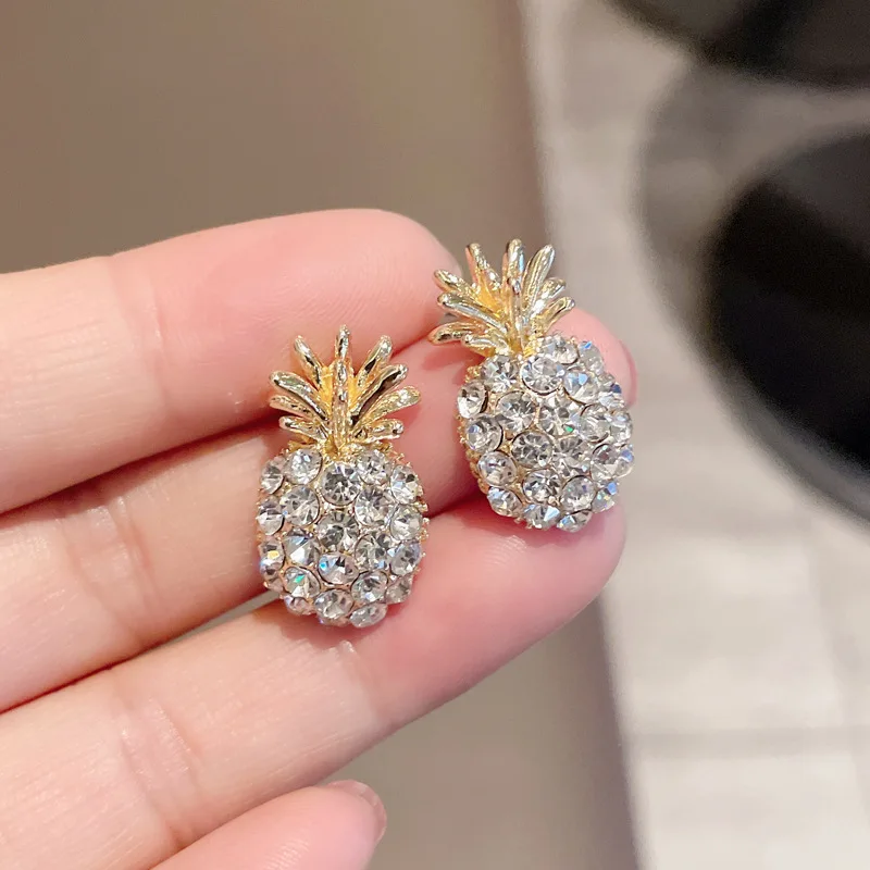 Full Crystal Pineapple Stud Earrings For Women Golden 2022 Trendy Luxury Korean Jewelry White Zircon Earrings Female