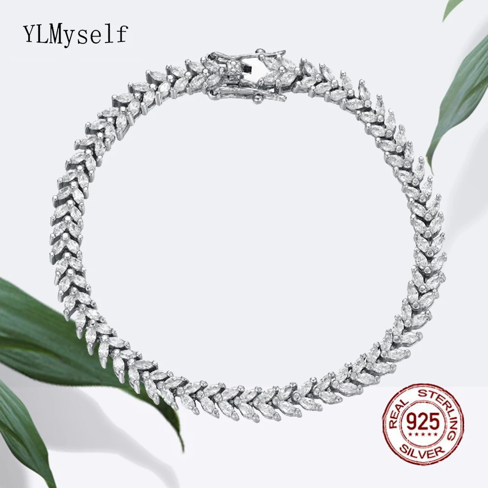 Solid Real 925 Silver Bracelet Pave Shiny 1.5*3 mm Horse eye Cubic Zircon 15-19 CM Length Elegant Fine Jewelry For Women