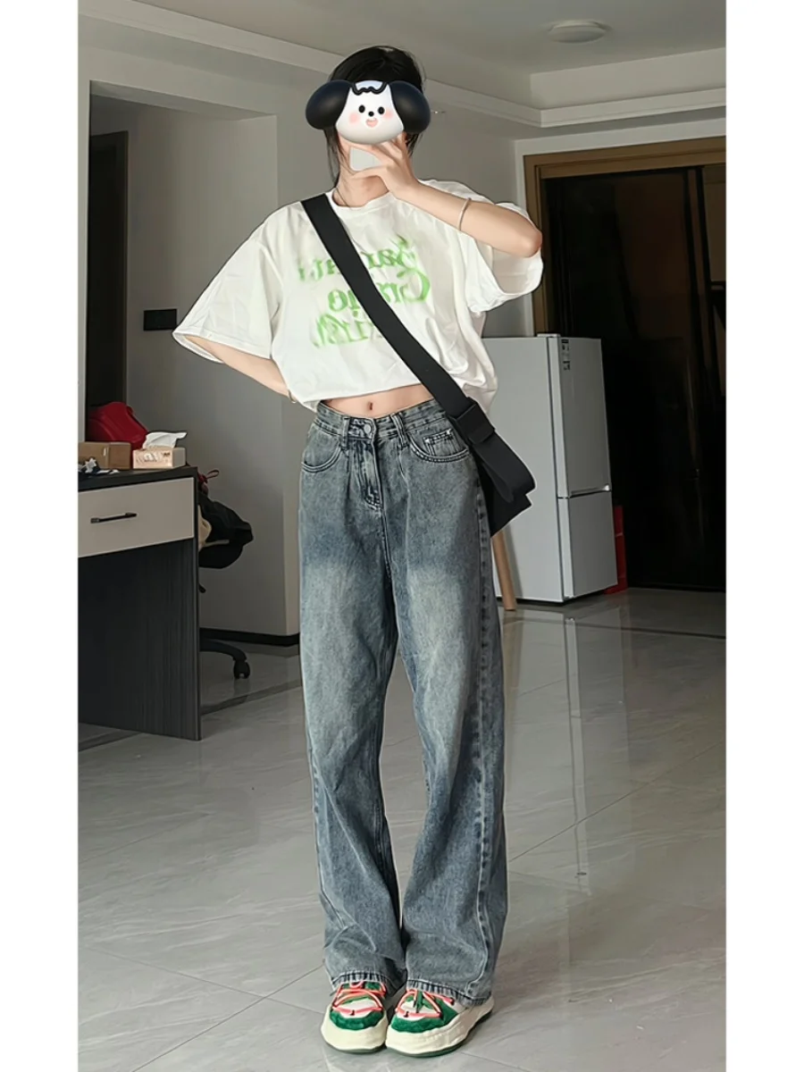 Retro American High Street Women's Jeans Autumn New Small Design Sense Straight Leg Wide Leg Pants High Waist Long Pants