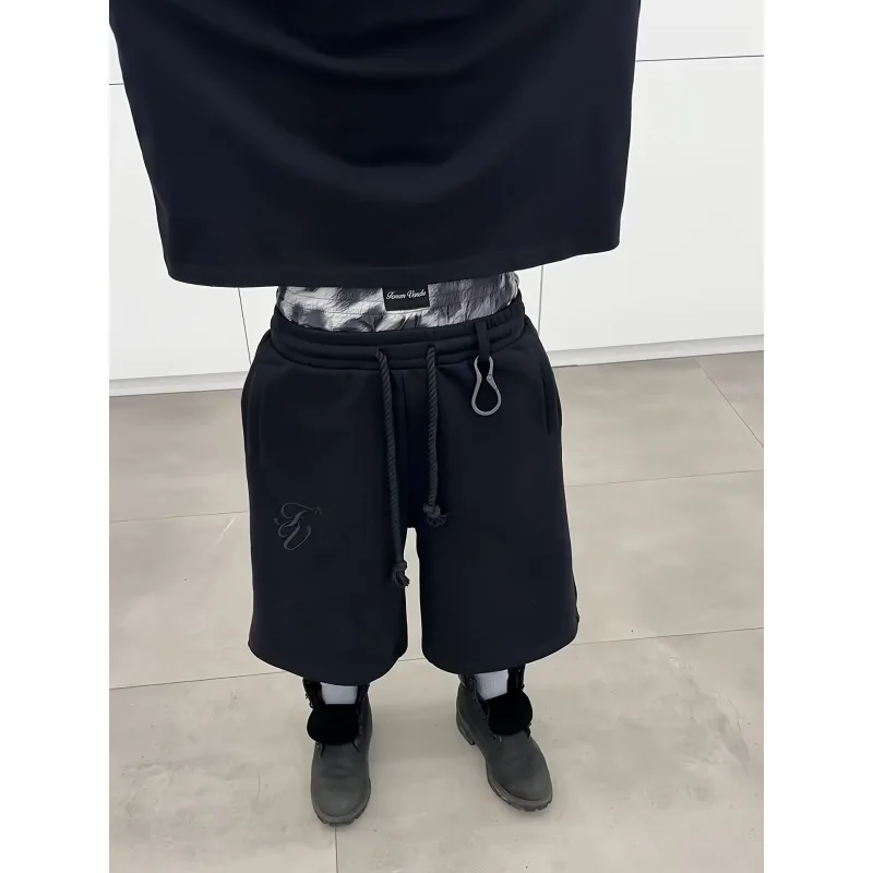 أزياء الراقية الأمريكية Y2K تصميم مزدوج الخصر مطرز شورت فضفاض غير رسمي بخمسة أرباع