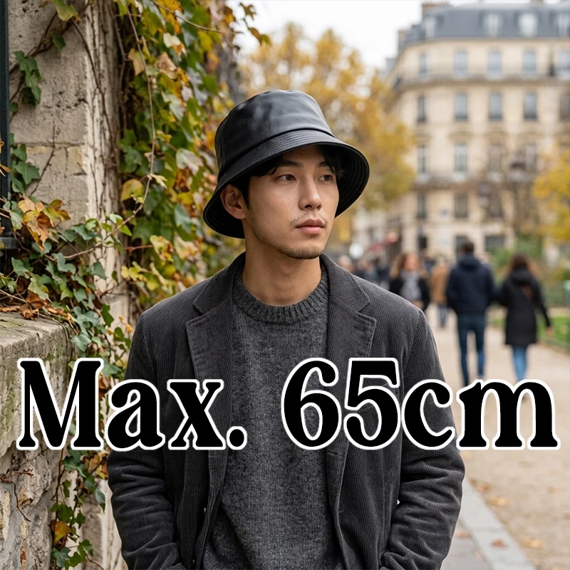 XXL Head  Autumn Winter Bucket Hat Men's Black Faux Leather Panama Hat Large Size 61-65cm Fisherman Hat Deep Brim Pu Leather Cap