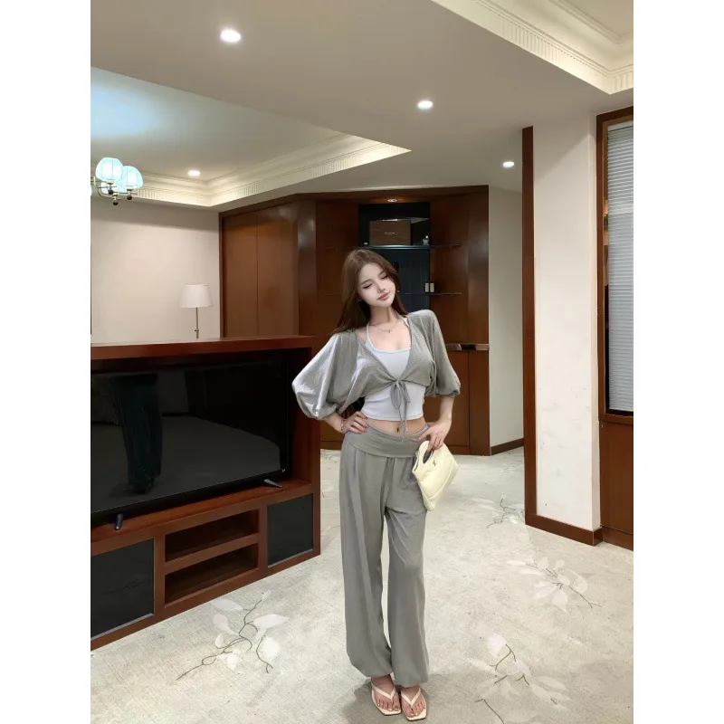 Women's Short Cardigan Lantern Sleeve Wide Leg Pants Three Piece Set Casual Spring Autumn Leisure Suit Hanging Neck Strap