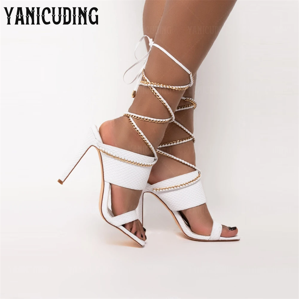 Metallic Snakeskin Square Toe Sandals Faux Gold Chain Wrap Around Ankle Strap Stilettos Embossed Faux Leather Women Summer Shoes