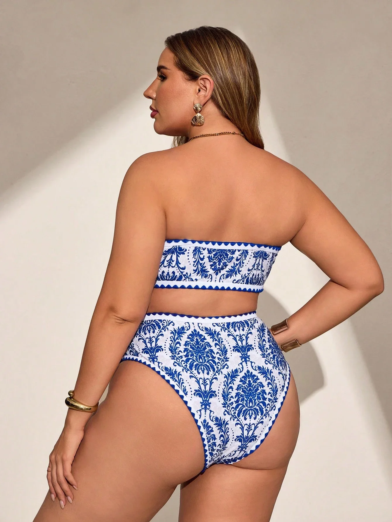 

Сине-белый комплект бикини с цветочным принтом больших размеров, купальник-бандо с высокой талией для пляжа и лета