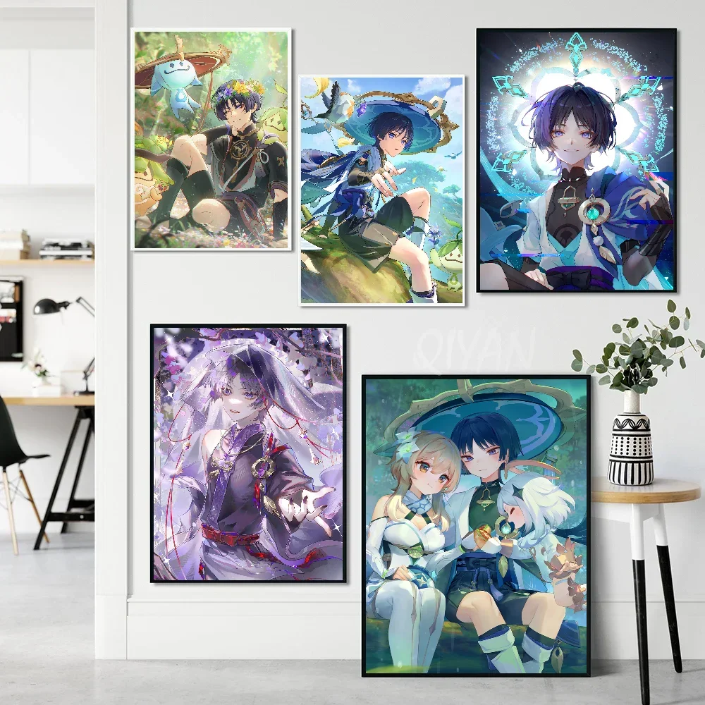 1pc Anime Games Genshin Impact Scaramouche Wanderer Poster Self-adhesive Art Waterproof Paper Sticker House Bar Room Wall Decor