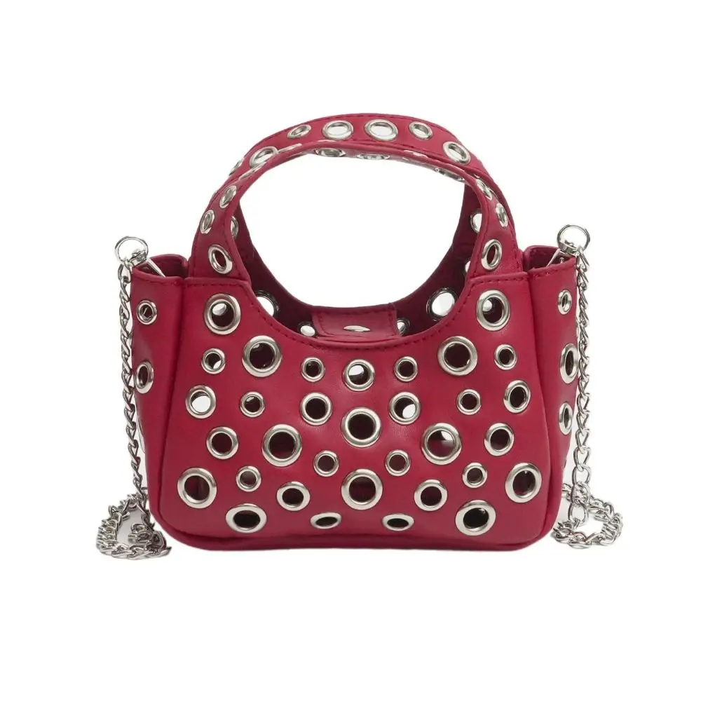 

Женская сумка с полыми заклепками, маленький размер, сумка-органайзер для туалетных принадлежностей из искусственной кожи, портативная дорожная сумка через плечо с цепочками