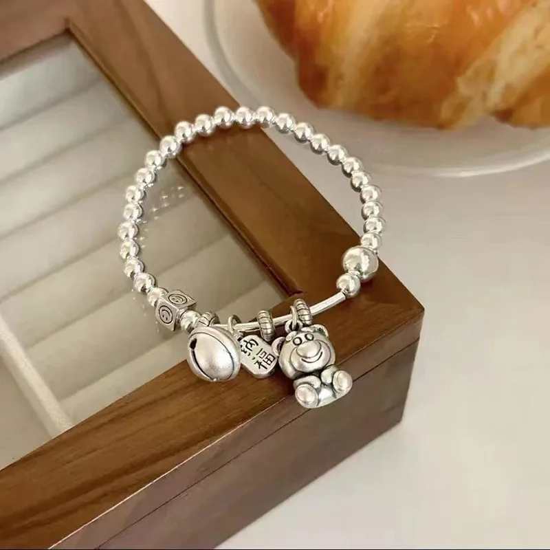 New Style Sweet Bear Animal & Lucky Bell Thai Silver Female Charm Bracelet Jewelry  For Women Birthday Gifts