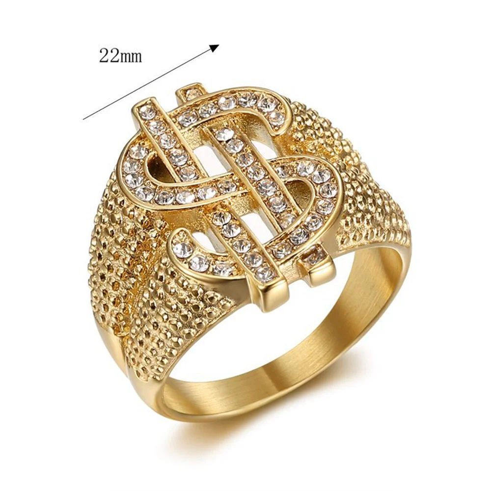 Hip Hop Iced Out Bling Dollar Signs Ring Gold Color Stainless Steel Rapper Money Big Rings For Men Party Jewelry Male Gift 2025