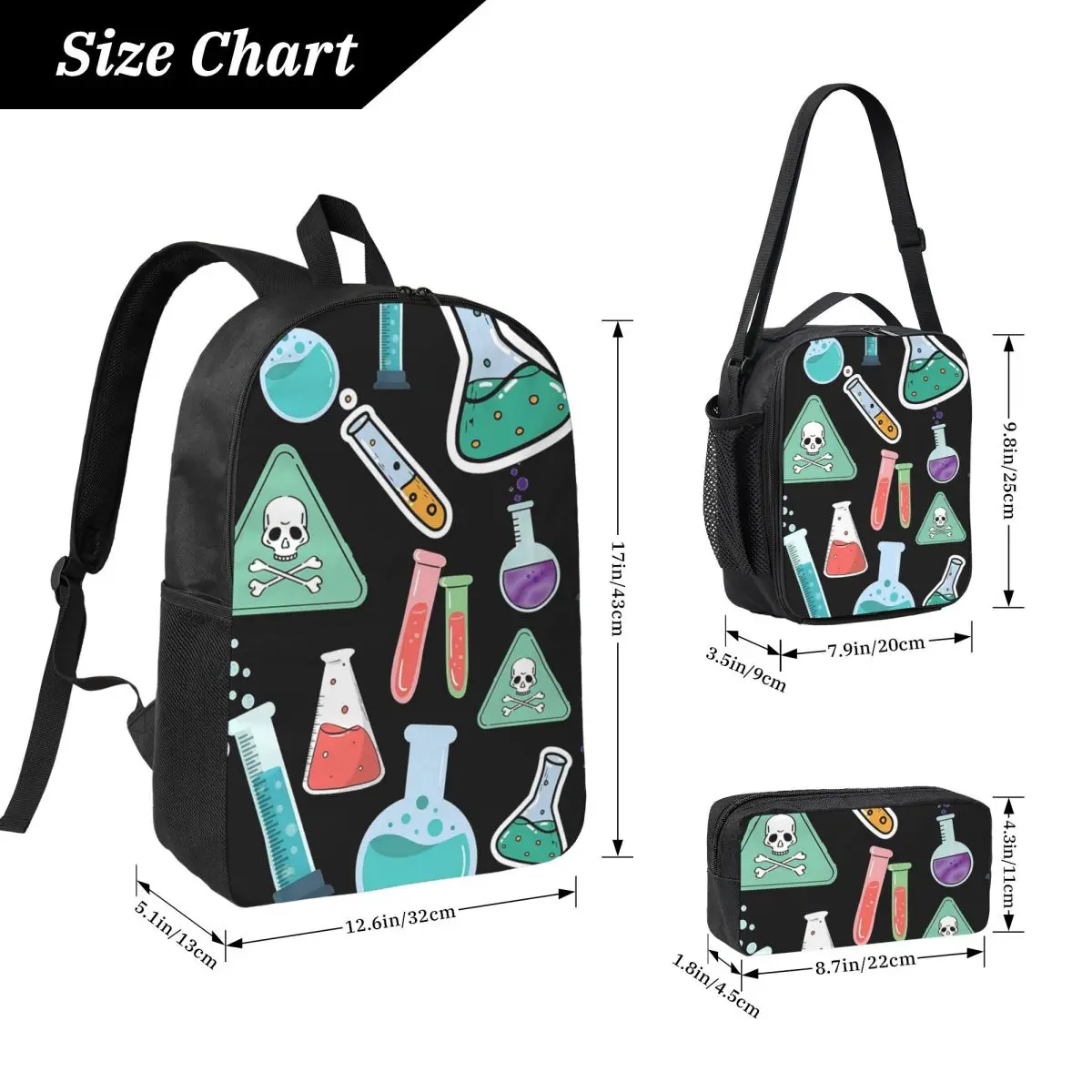 Chemistry Lovers Chemical Tools Backpack Boys Girls BookBag School Bag Laptop Shoulder Bags 3ps Insulated Lunch Bag Pencil Case