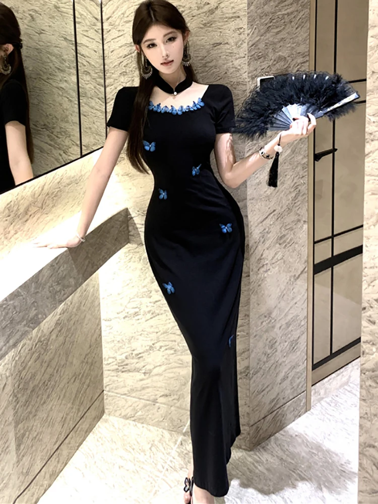 Letnia Czarna Dzianinowa Bawełniana Elegancka Sukienka z Kokardą, Kwadratowym Dekoltem i Długim Rękawem Damska Vintage Hepburn Sukienka na Bal Maturalny 2025 Koreańska Sukienka Bodycon na Imprezę