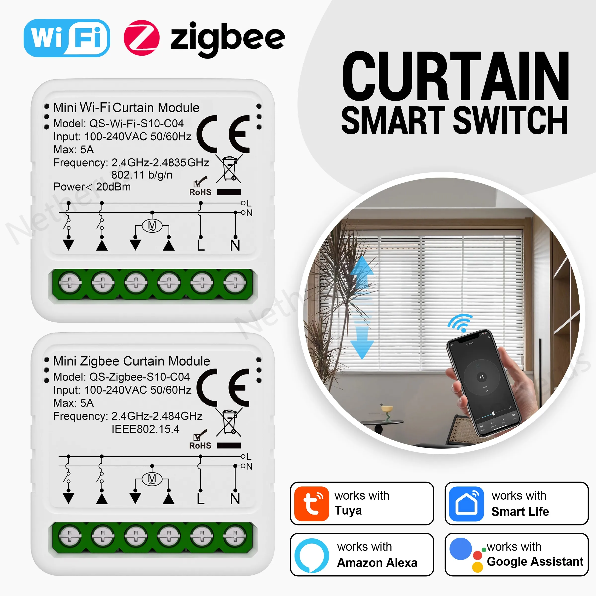 

Модуль умного переключателя штор Tuya WiFi Zigbee для рулонных жалюзи, двигатель затвора, управление через приложение, работает с Alexa Google Home Smart Life