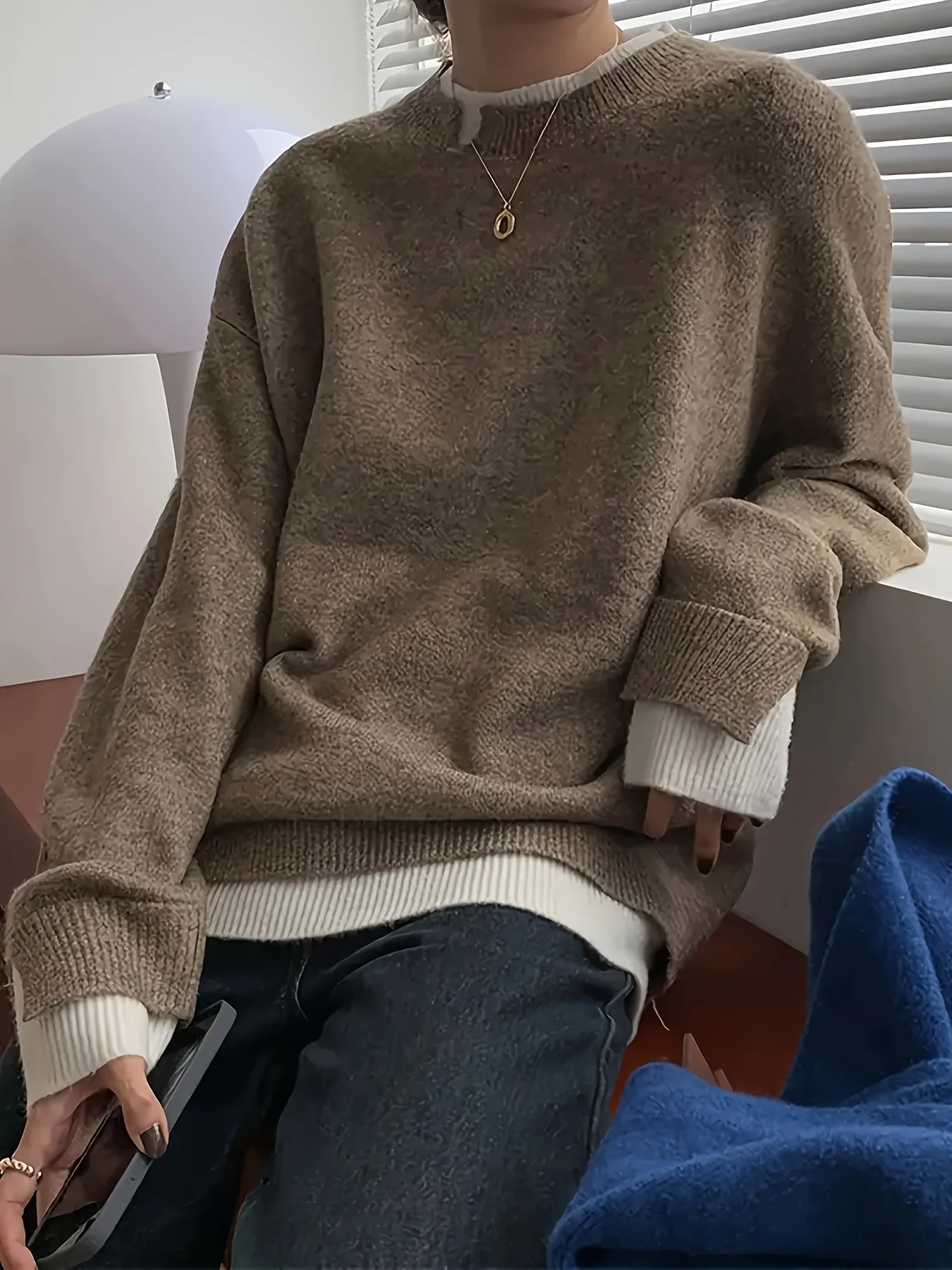 Women's Brown and White Color-Blocked Oversized Knit Pullover, Fashionable Slimming Casual Faux Two-Piece Pullover