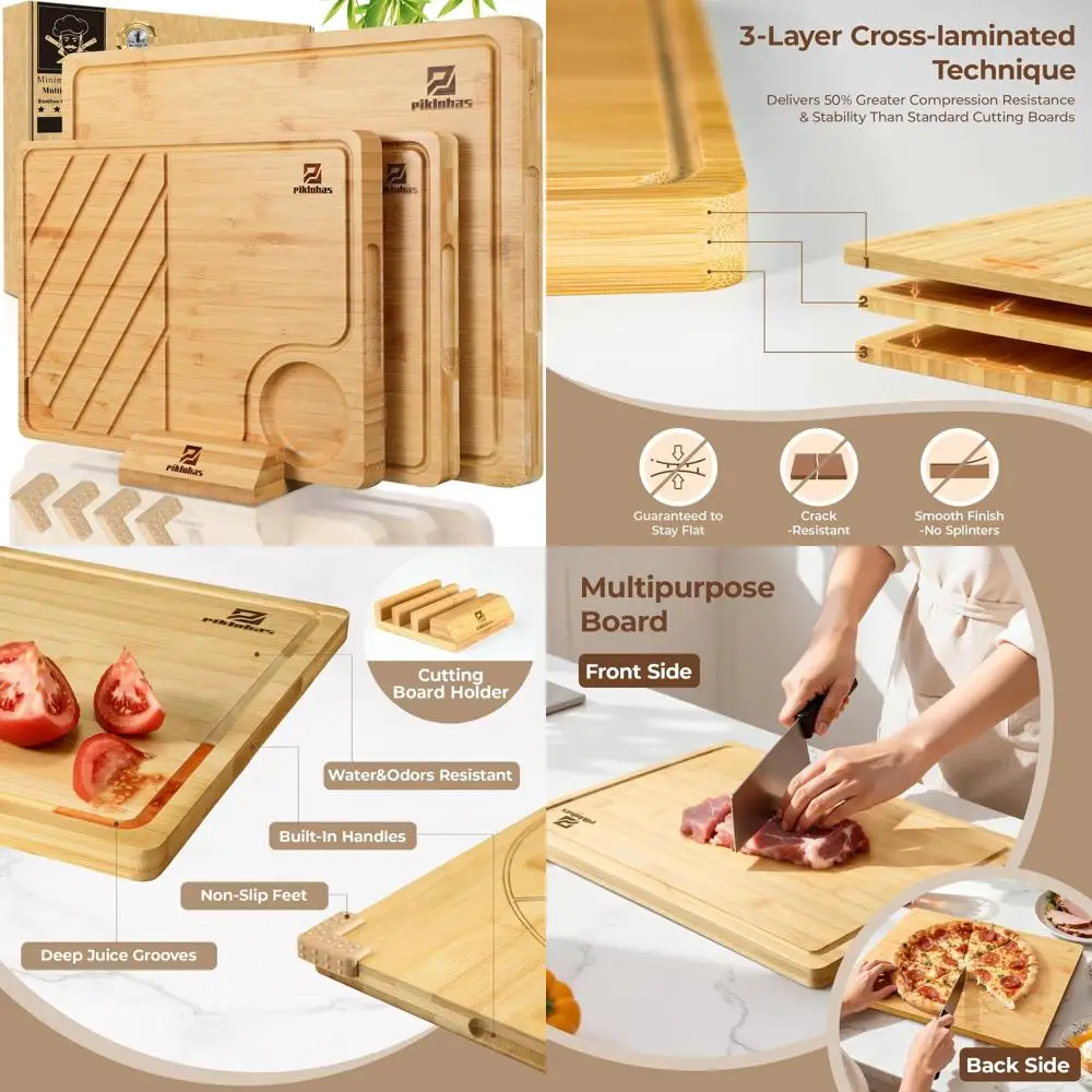 

Набор кухонных бамбуковых разделочных досок из 4 шт., разделочная доска для мясных изделий с держателем, нескользящий поднос для сервировки стейков для домашнего использования