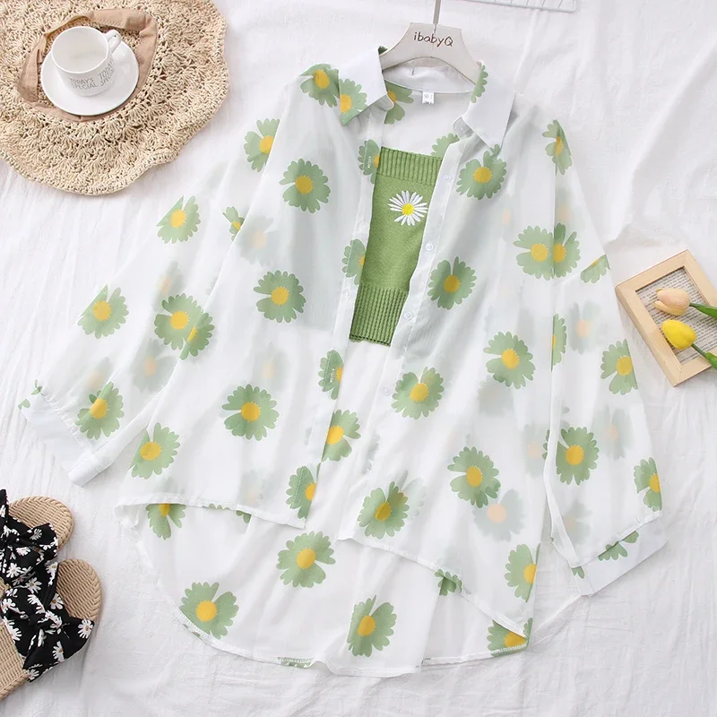 

Summer Flower Print Sunscreen Shirt Jacket Women Black Orange Blue Green Purple Long-sleeve Chiffon Coat Casual Loose Veste Femm
