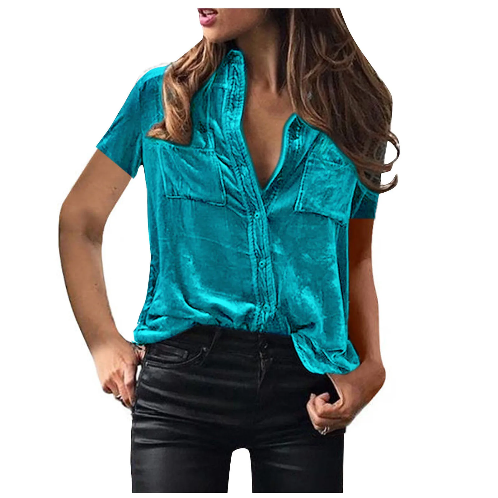 2025 Primavera Verano nueva moda mujer Color sólido básico Casual moda cuello vuelto camisas de manga corta ropa femenina Tops