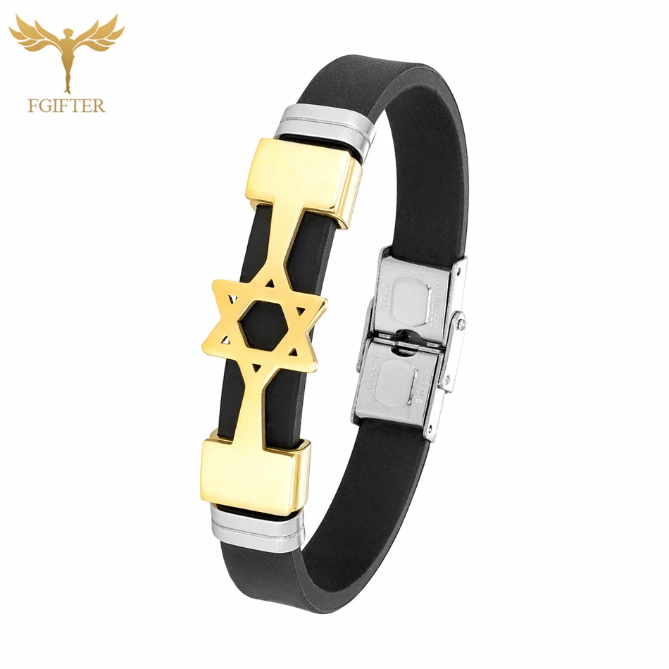 Israel Star Of David Bracelets for Women Men Soft Black Silicone Wristbelt Stainless Steel Cuff Accessory Judaism Jewish Jewelry