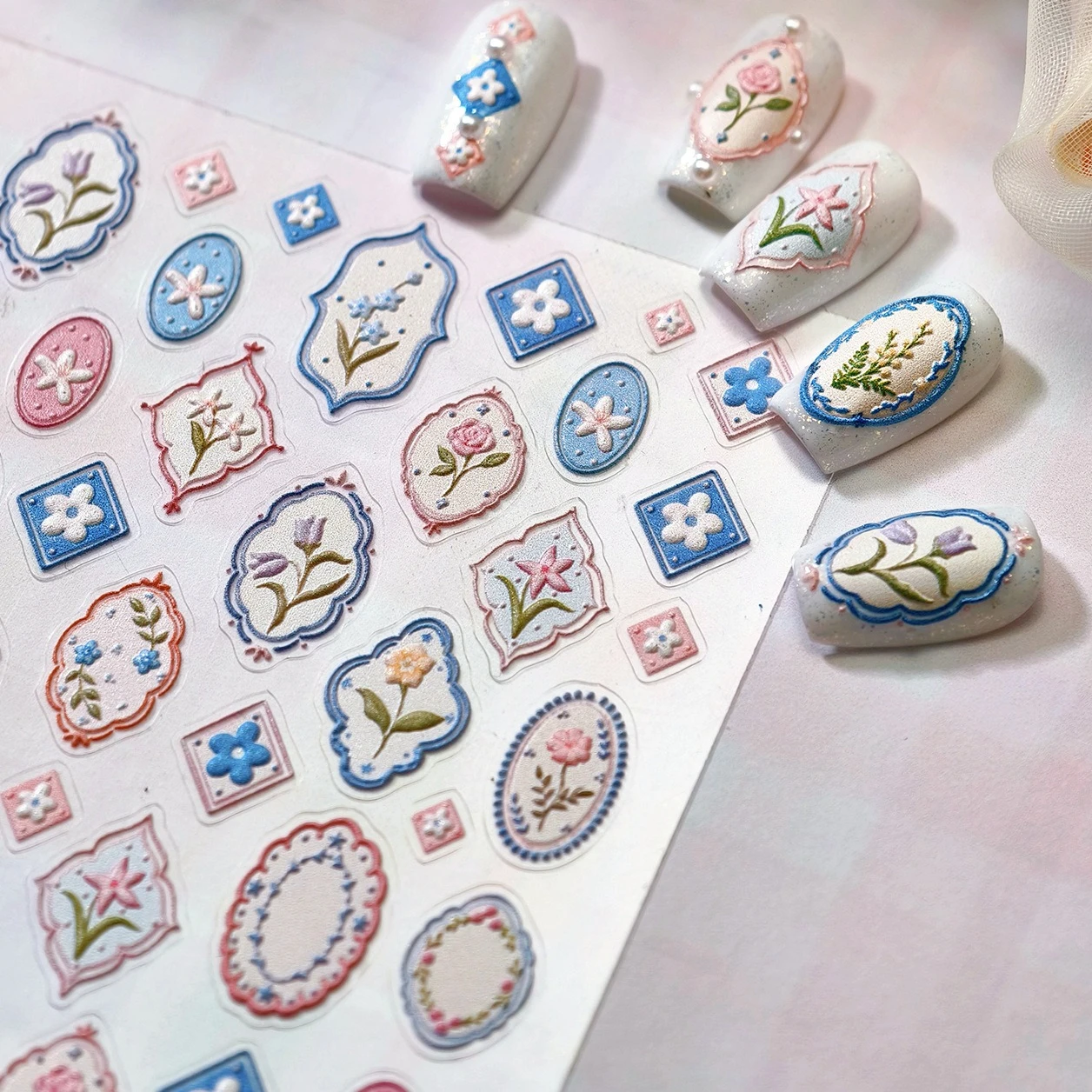 

Retro Photo Frame Pink Blue Flower Cherry Bowknot Rose Lily Figure Geometric Mini Floral Chic Nail Art Stickers Manicure Decals