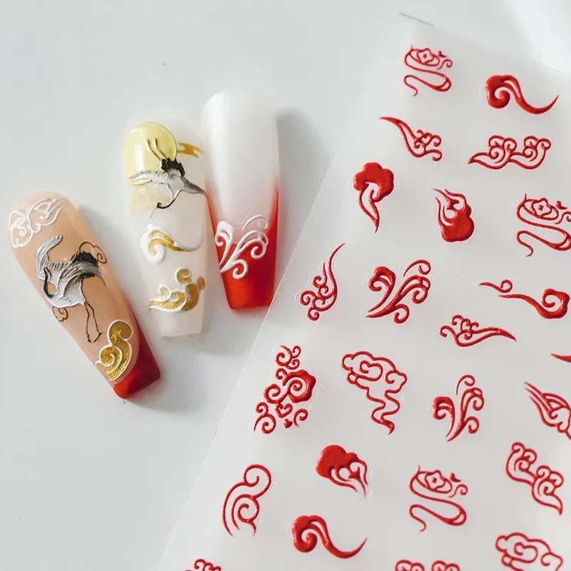 Auspicious Clouds Red-crowned Crane 5D Embossed Reliefs Self Adhesive Nail Art Stickers Retro Chinese Style 3D Manicure Decals