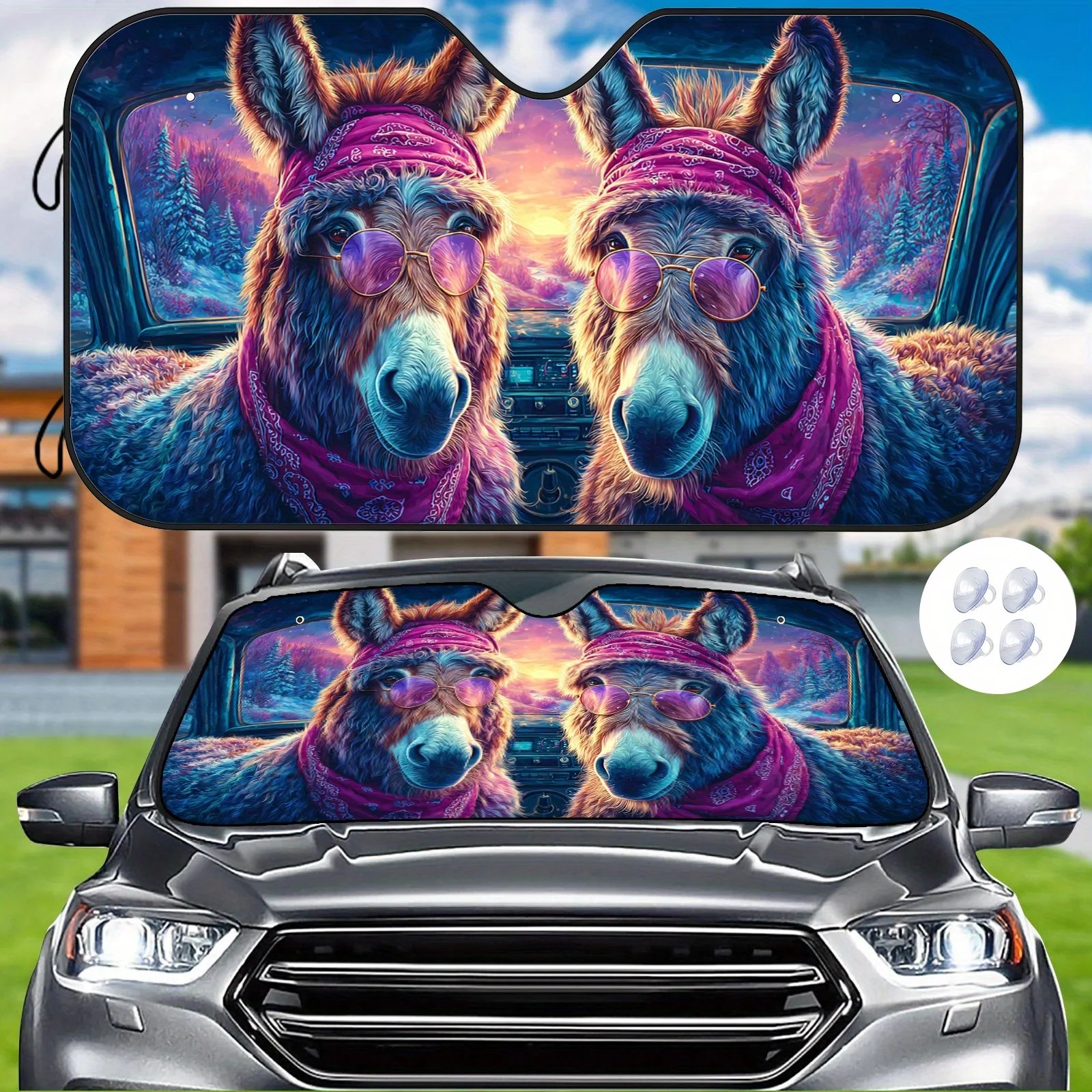 Fashionable Cute Donkey Car Sunshade, Vintage Interior Decor With Dreamy Scenery, Blocks Heat, Includes 4 Suction Cups, Conveys