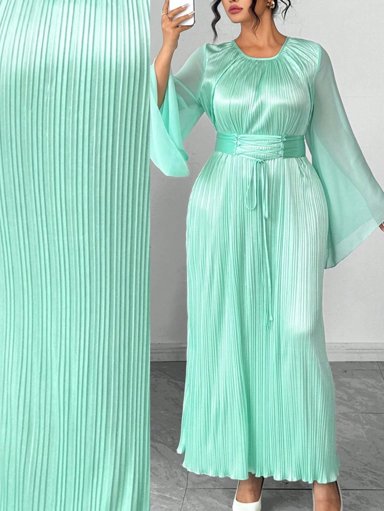 

Mint Green Pleated Long Sleeve Chiffon Dress With Sash Waist Elegant Formal Women Dress