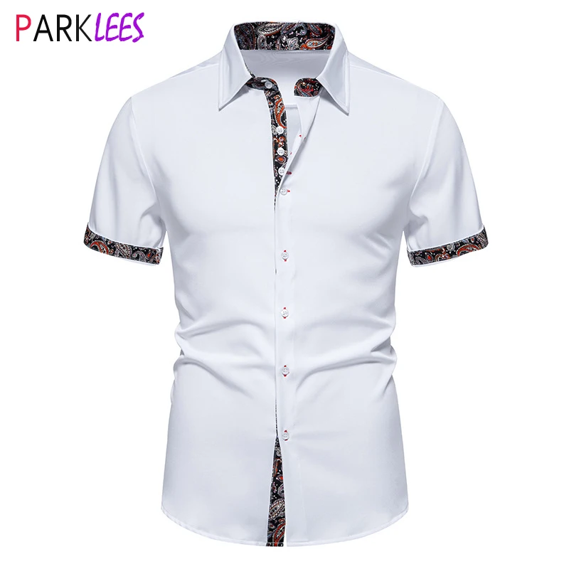 

Mens Paisley Patchwork Dress Shirts 2024 Summew New Short Sleeve Slim Fit Tuxedo Shirt Men Casual Social Wedding Chemise Homme