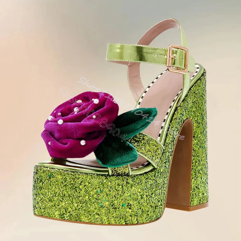 Appliques Decor Green Sequins Platform Sandals Buckle Strap Women Shoes Chunky High Heels Fashion Party 2024 Zapatos Para Mujere