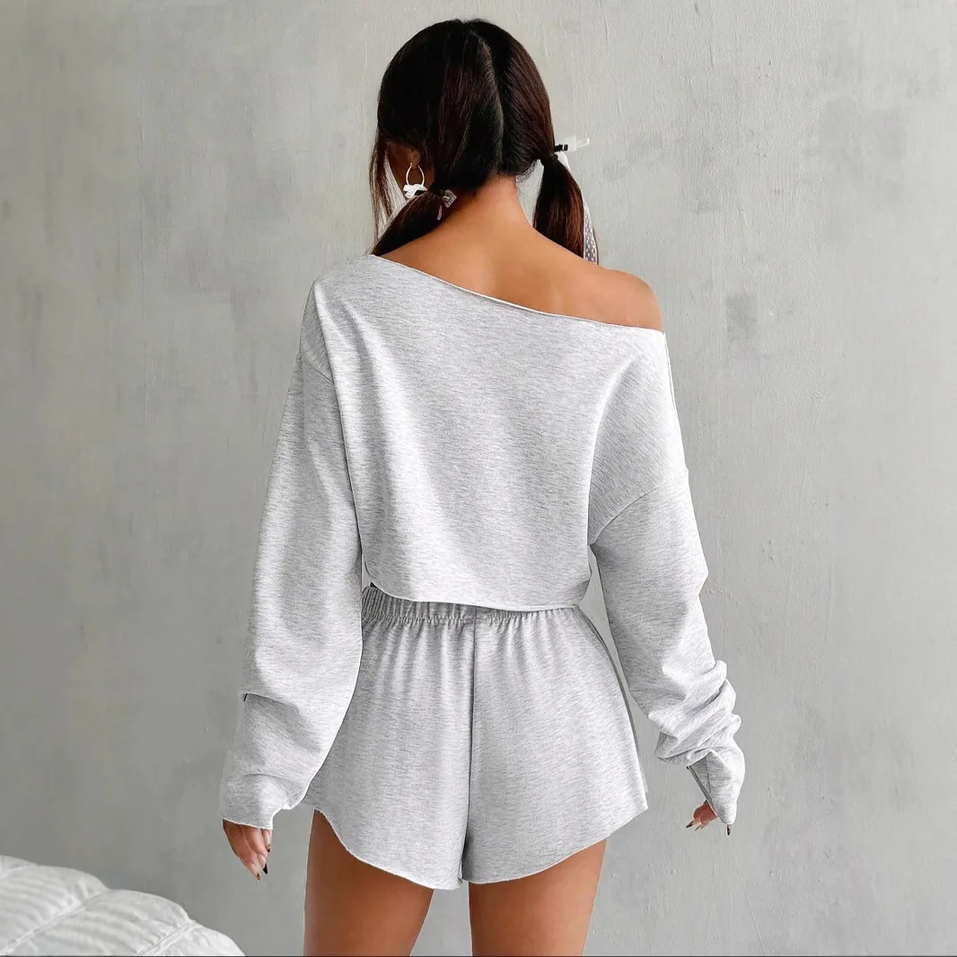 Women\'s Two Pieces Set Plain Drop Shoulder V-neck Crop Top and Elastic Waist Shorts Casual 2 Piece Sets Women Outfit