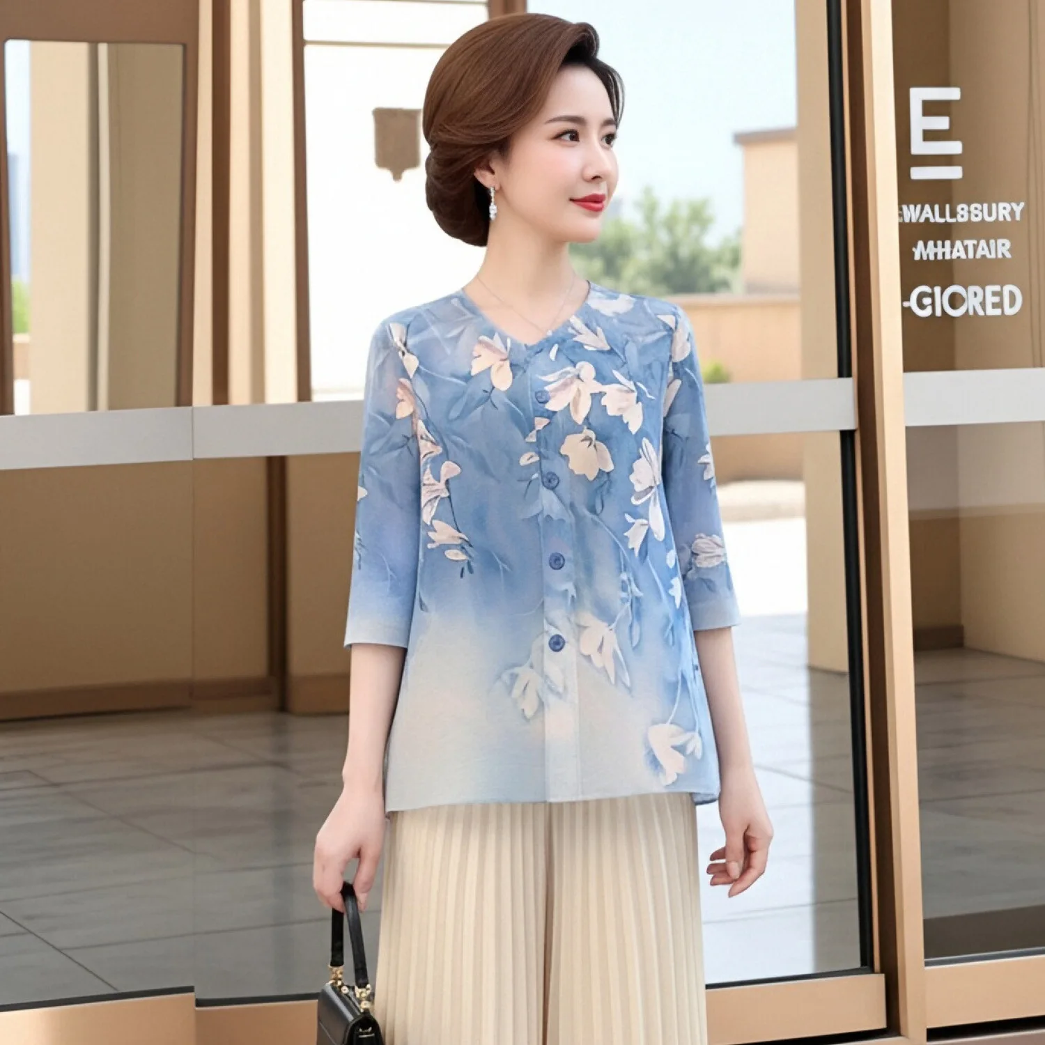 

Miyake Pleated T-shirt Women's 2026 New V-neck Single-breasted Mid-sleeve Retro Printed Loose Shirt Spring Top