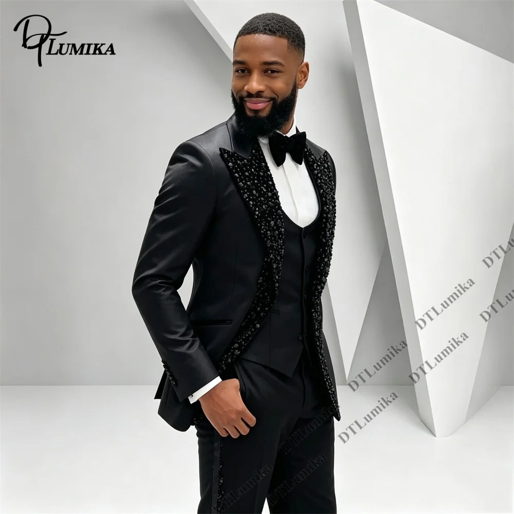 Men's 3 Piece Sequin Suit Black Sparkly Tuxedo Blazer Vest Pants Set Wedding Groom Prom Party Stage Performance Tailored Fitting