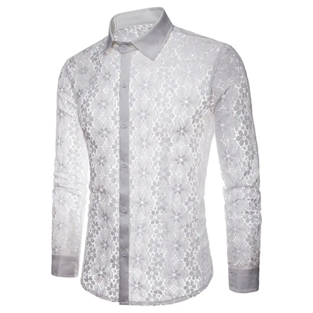 Camisa de algodón con cuello vuelto para hombre, camisa de manga larga con botones, Color sólido, encaje Sexy, transparente, ropa de discoteca