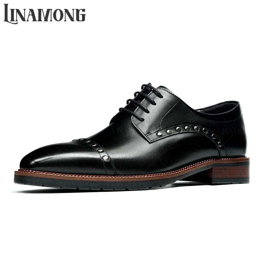 

Cap Toe Leather Shoes for Men Rivet Embellished Business Dress Shoes Designer Style Elegant Genuine Leather Shoes Banquet Shoes