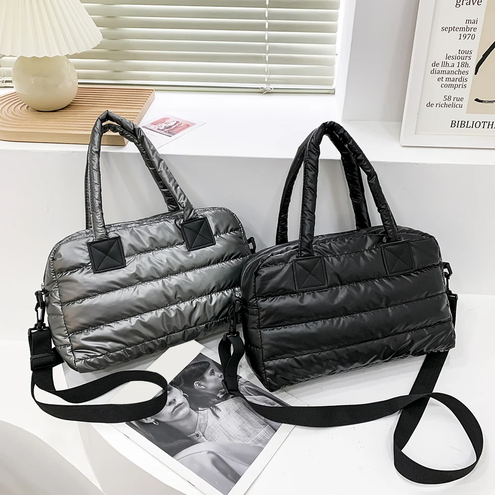 Fashion Quilted Cotton Padded Nylon Messenger Bag Women Large Capacity Shoulder Bag Solid Color Zipper Designer Top-handle Bags