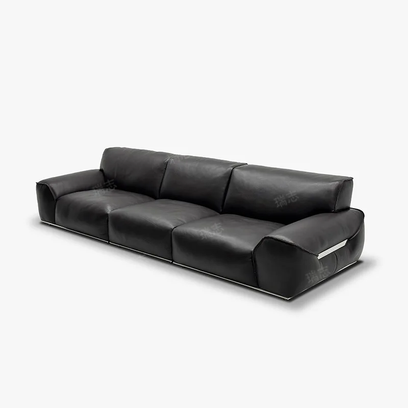 

High backrest big black cow full cowhide sofa minimalist modern simple living room straight row down semi-green leather sof